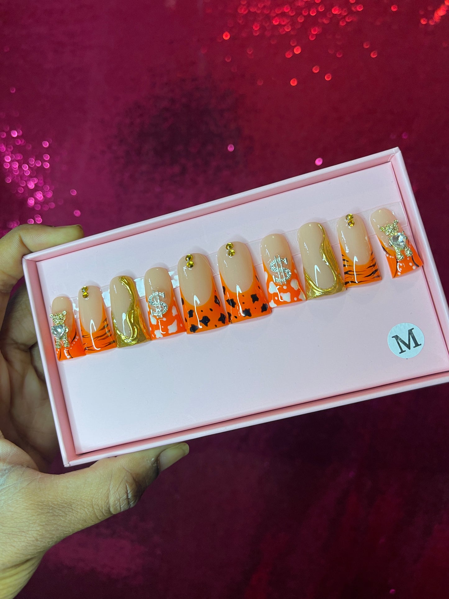 G.B.SLLC 100% Hand-Made Press On Nails Pumpkin Orange Duckies Set