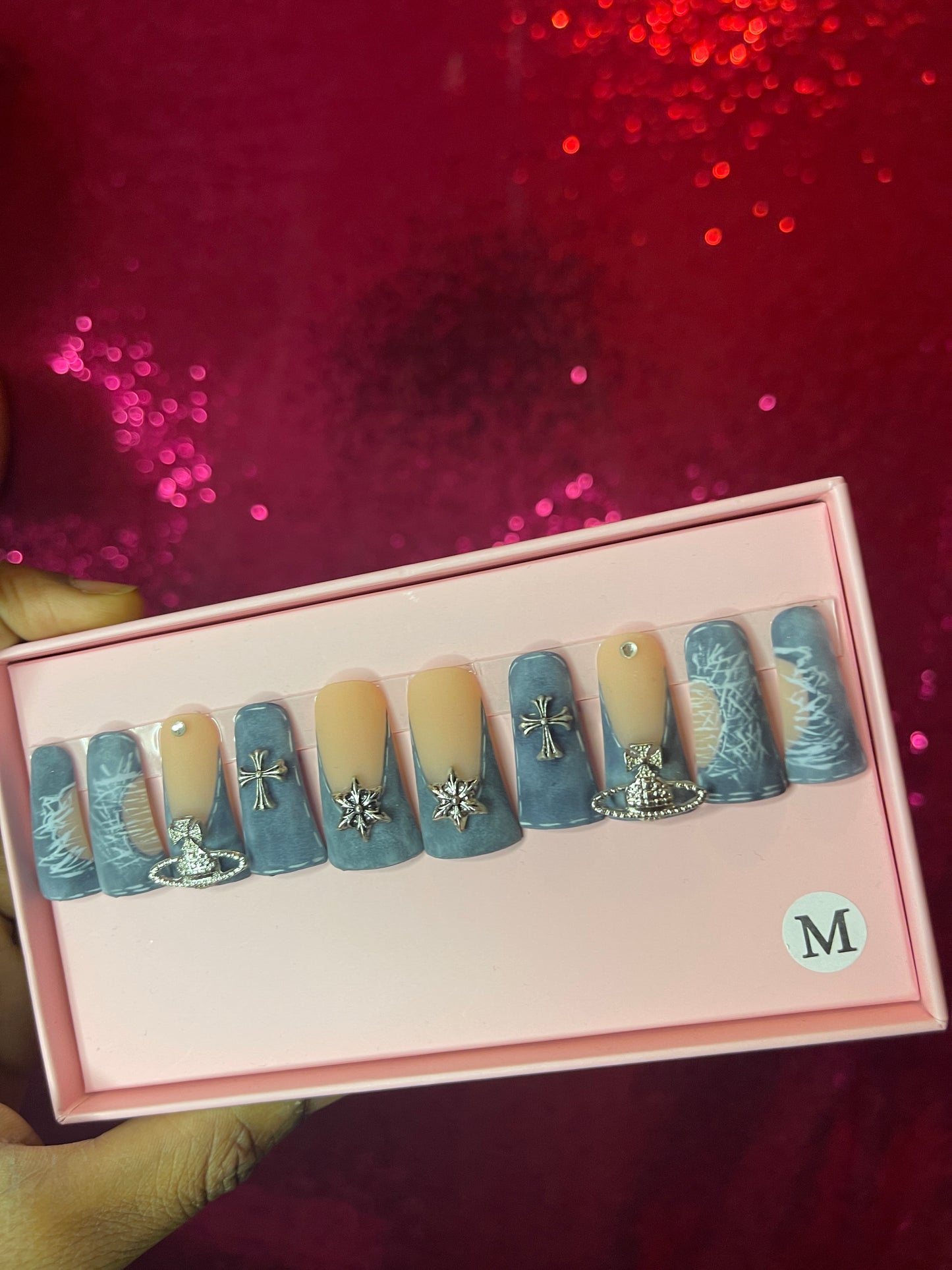 G.B.SLLC 100% Hand-Made Press On Nails Blinged Out Denim Duckies Set