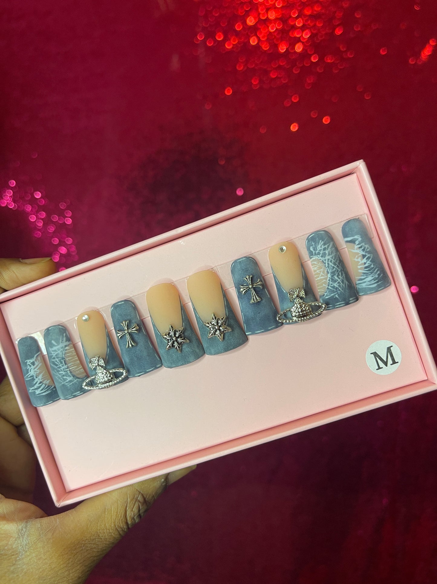 G.B.SLLC 100% Hand-Made Press On Nails Blinged Out Denim Duckies Set