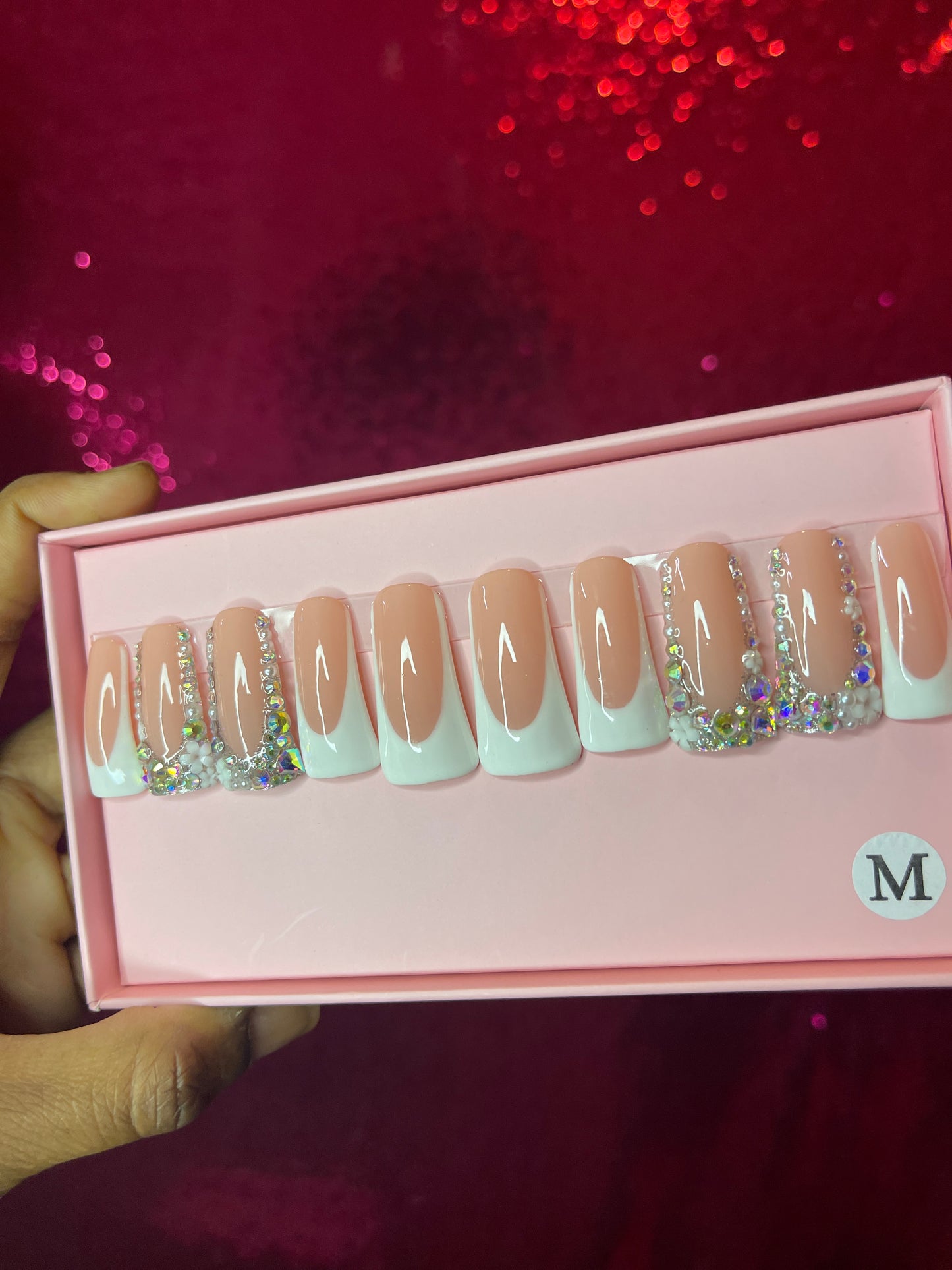G.B.SLLC 100% Hand-Made Press On Nails Blinged French Tips Duckies Set