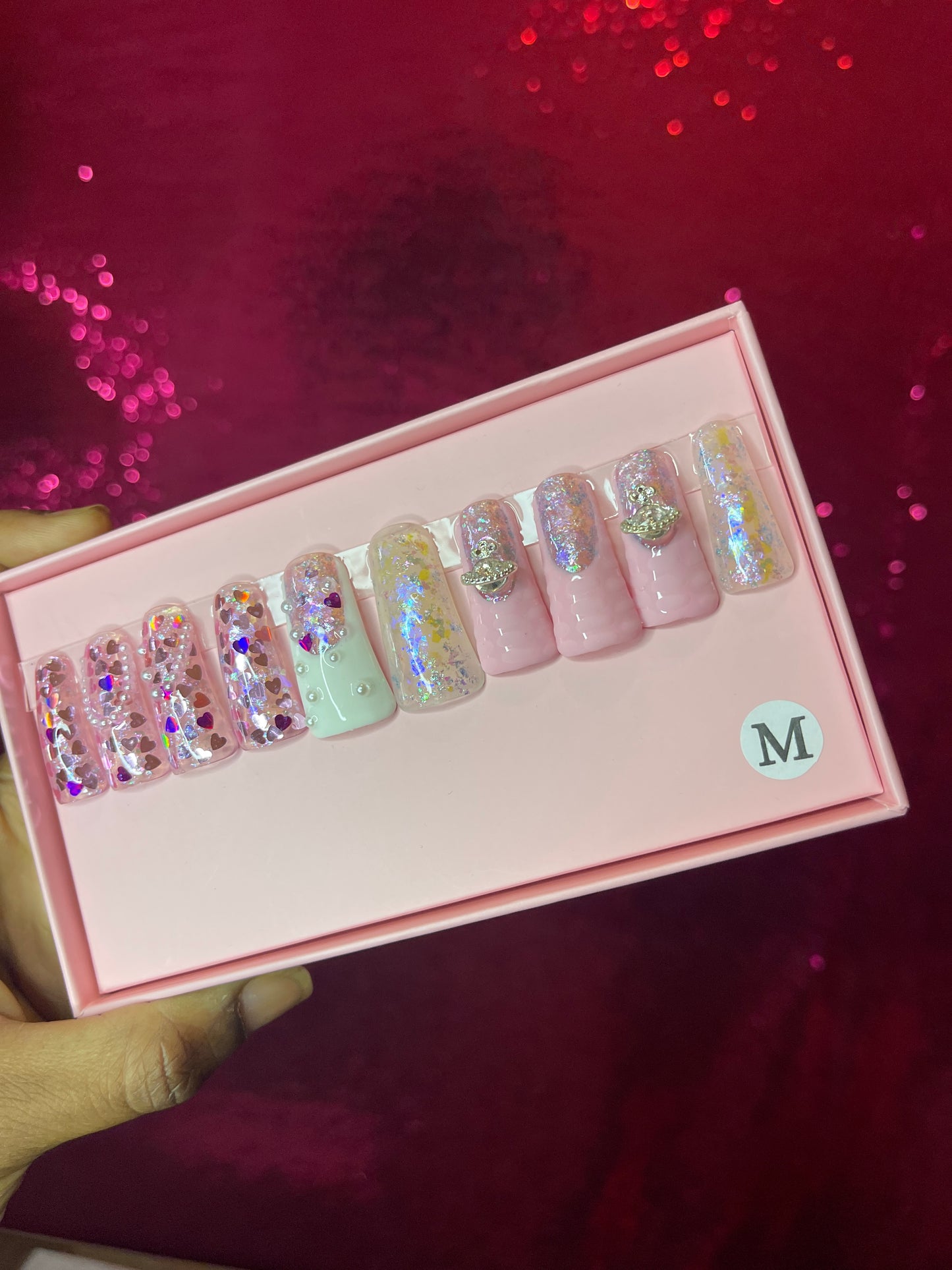 G.B.SLLC 100% Hand-Made Press On Nails Pink Glitz & Glamour Duckies Set