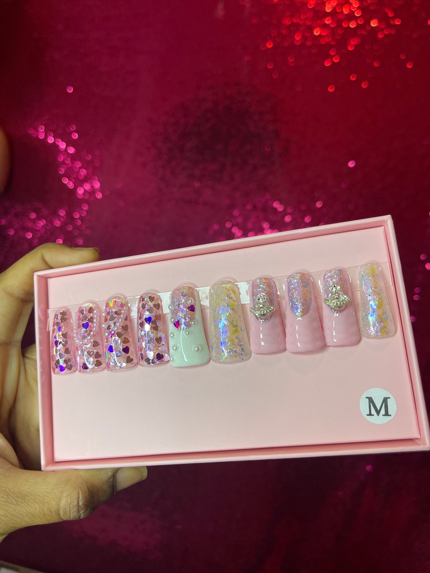 G.B.SLLC 100% Hand-Made  Press On Nails Pink Glitz & Glamour Duckies Set