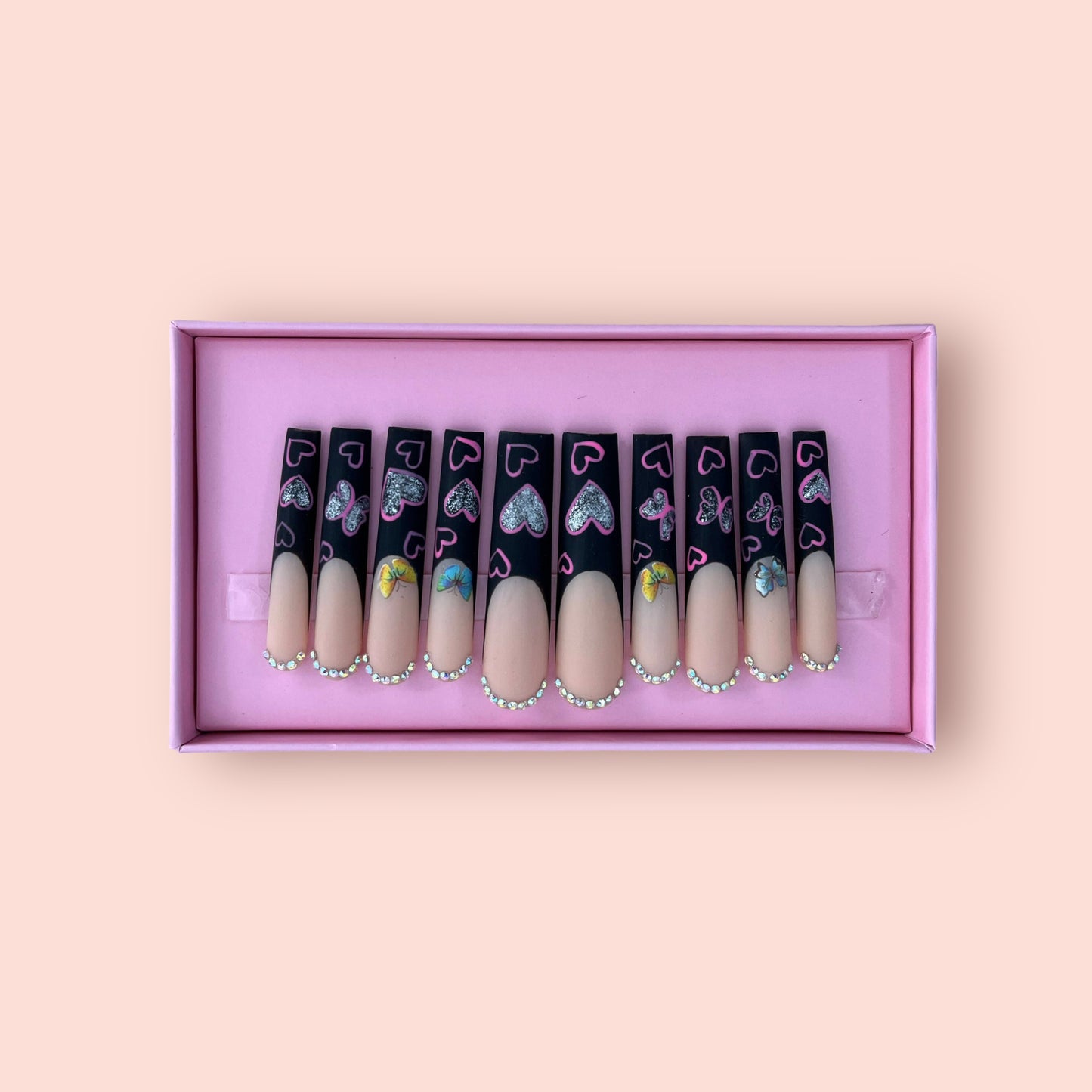 G.B.SLLC 100% Hand-Made Press Ons Black Tips/Pink Hearts Set